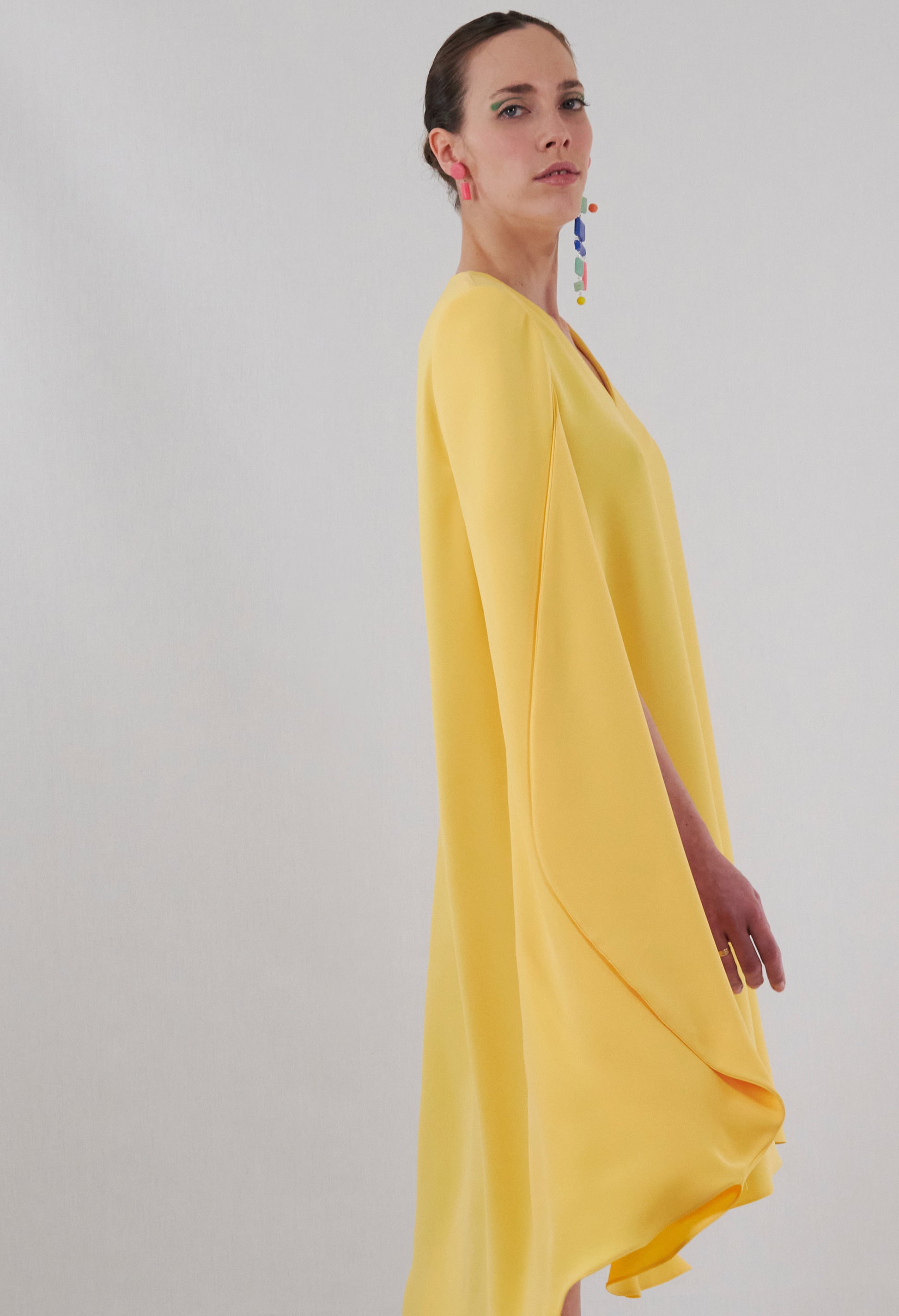 cape dress yellow embroidered crpe featuring chiffon elegantly complemented by draped pleat detailing and a tie Yellow Wedding Guest Cape |
